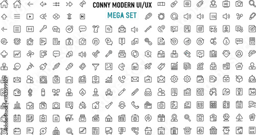 Professional modern UI/UX icon mega set featuring minimalist line icons for web development, mobile application interface, and business software design