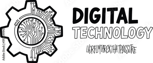 A black and white illustration depicting a gear with a brain inside, symbolizing digital technology and innovation