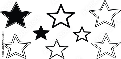 Collection of assorted black and white stars in various sizes and styles arranged randomly on a plain background