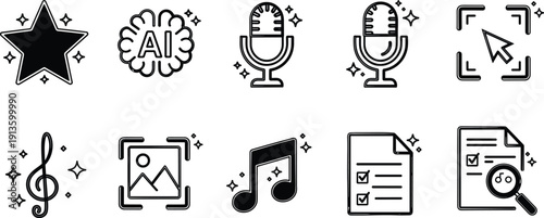 A collection of black icons representing various multimedia and creative elements on a plain background