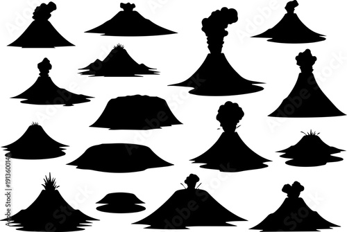 Silhouette Graphic Volcano Mountain Icon Collection Illustration Element Set