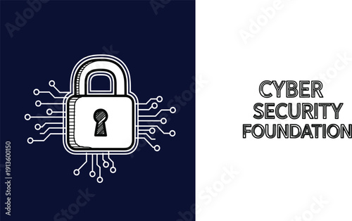 A padlock surrounded by circuitry lines representing cybersecurity on a dark blue and white background illustration
