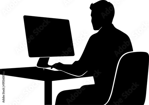 Simple Silhouette Man Sitting at Desk Working on Computer Illustration