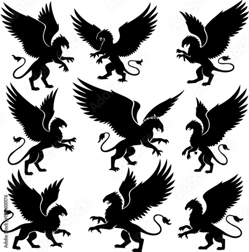 Silhouette Majestic Griffin Mythical Creature Animal Mythology Isolated Elements Graphic