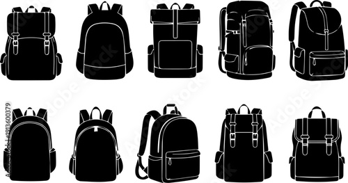 Black and White Silhouette Various Styles Backpack for Traveling Illustration