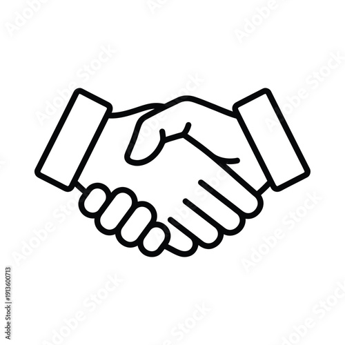 Simple line drawing depicts two hands in a firm handshake