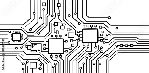 Complex electronic circuit board with interconnected components and wires viewed from directly above in a technical illustration