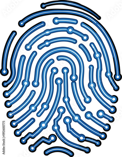A blue fingerprint illustration on a clean background viewed from directly above showcasing identity verification
