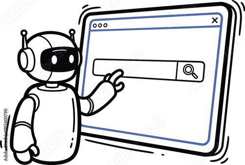 Robot interacting with a large browser window displaying a search bar on a digital device
