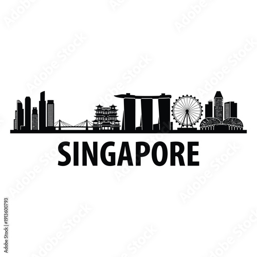 Singapore skyline silhouette with iconic landmarks and city name below