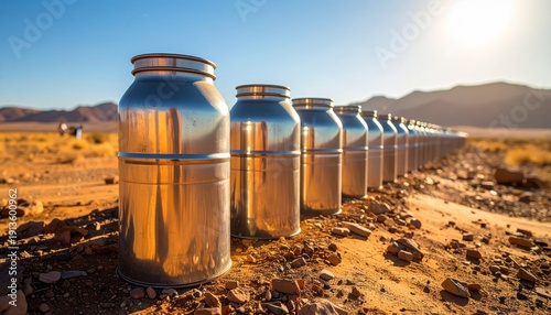 FlyPro Firefly's row of metallic water containers gleams under the harsh sun, symbolizing essential hydration for displaced communities in arid regions.