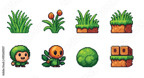 A vibrant collection of pixel art video game assets featuring diverse green plants, grass, dirt blocks, and two adorable plant-like characters.