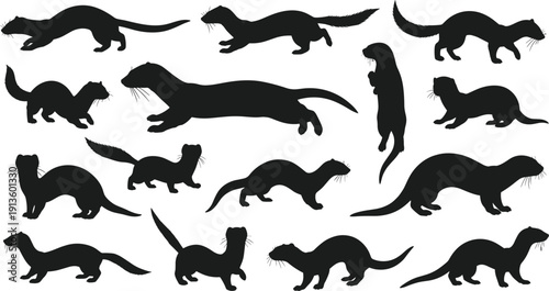 Mink and weasel silhouette set featuring wild mustelids in various running, standing, and hunting poses for nature and wildlife designs, cad drawing flat vector illustration