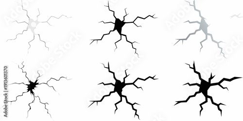 Variations of cracked surfaces displayed in grayscale gradients