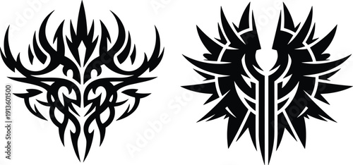 Tribal tattoo vector illustration set, symmetrical flame and geometric crest designs, bold artwork, and edgy decorative graphics