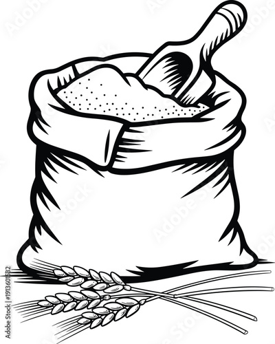 Wheat sack vector illustration, agricultural food design with scoop, flour bag, stalks of wheat, organic farming artwork