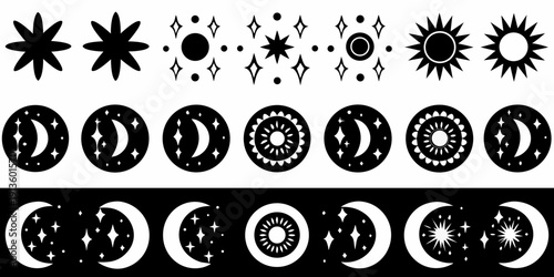 Black and white illustration of celestial bodies and phases of the moon
