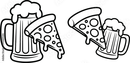 Beer and pizza vector illustration set, casual dining design with frothy mug, cheesy slice, party artwork, and food graphics