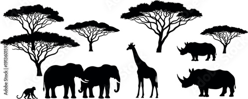 African safari wildlife silhouette set with elephants, giraffe, rhinoceros, monkey, and acacia trees for nature travel and savanna adventure themes, cad drawing flat vector illustration