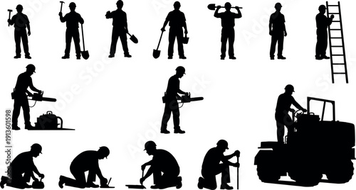 Construction workers silhouette set with builders using tools, shovels, ladders, chainsaws, and heavy machinery for industrial site development projects, cad drawing flat vector illustration