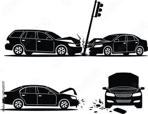 Car accident vector illustration set, SUV and sedan collision, rear-end crash, traffic safety artwork, and insurance awareness graphics