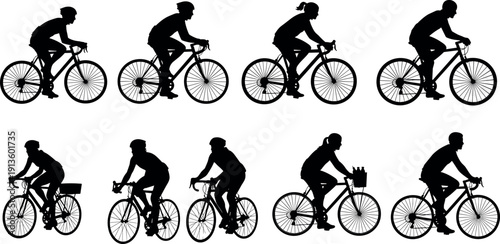 Bicycle rider silhouette collection featuring male and female cyclists on road bikes for sports, fitness, and healthy outdoor lifestyle activities, cad drawing flat vector illustration