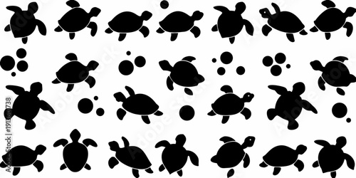 A collection of black turtle silhouettes arranged on a white background