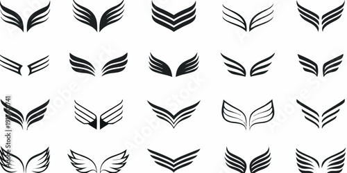 Collection of abstract black wing shapes arranged in a grid pattern