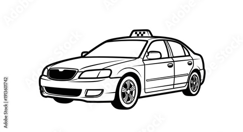 Black and white illustration of a sedan taxi cab.