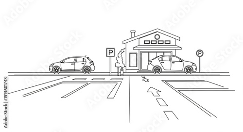 Black and white line drawing of a house with cars parked on the street.