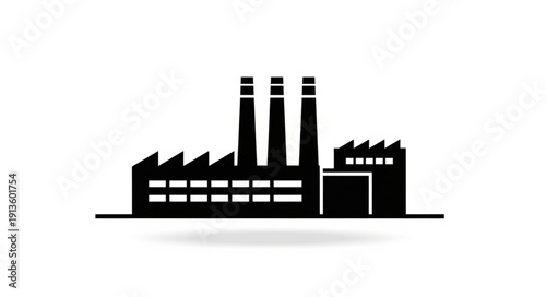 Black silhouette of a factory building with smokestacks.
