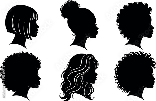 Beautiful woman head silhouette set with various hairstyles including afro, curly, wavy, bob cut, and hair bun for beauty salon, cad drawing flat vector illustration