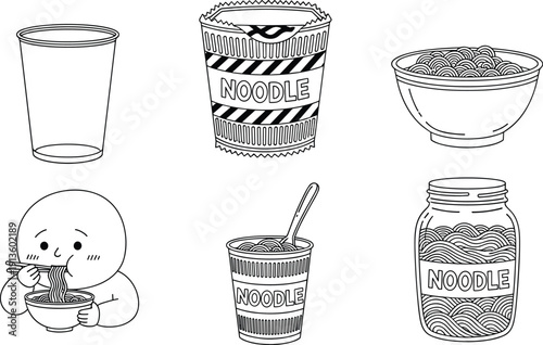Instant Noodles Cup Bowl and Jar with Person Eating Ramen Outline Hand Drawn Vector Illustration Set
