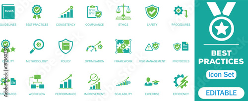 Best practices icon set. Containing workflow, guidelines, performance, standards, improvement, protocols, procedures and methodology. Solid vector icons collection.