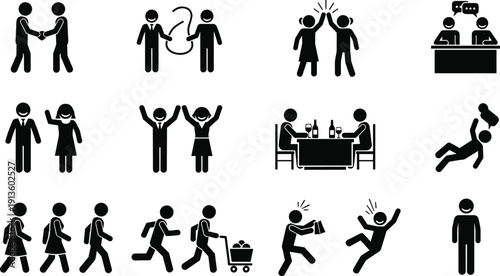 Stick figure icons set of people shaking hands, high five gestures, walking, running, falling down, dining, and diverse body language poses in black silhouette.