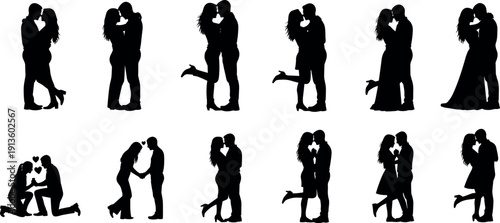 Romantic couple silhouette collection featuring lovers hugging, kissing, and a marriage proposal for wedding, valentines day, or dating anniversary designs, cad drawing flat vector illustration