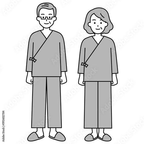 病院の検査着の年配の男女（全身）