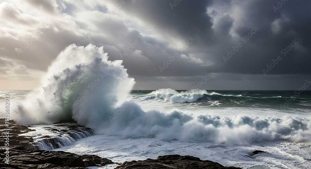 Obraz premium Crashing Power: Stormy Ocean Waves Hitting the Shore