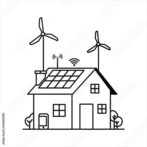 A modern house powered by renewable energy sources like solar panels and wind turbines.