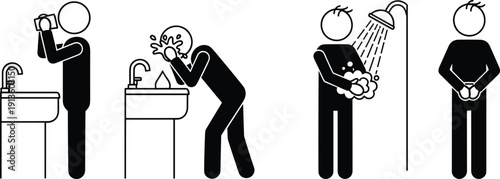 Vector Illustration of Stick Figure Characters Performing Daily Hygiene Routines Including Washing Face Brushing Teeth Taking a Shower and Personal Grooming for Health Concepts