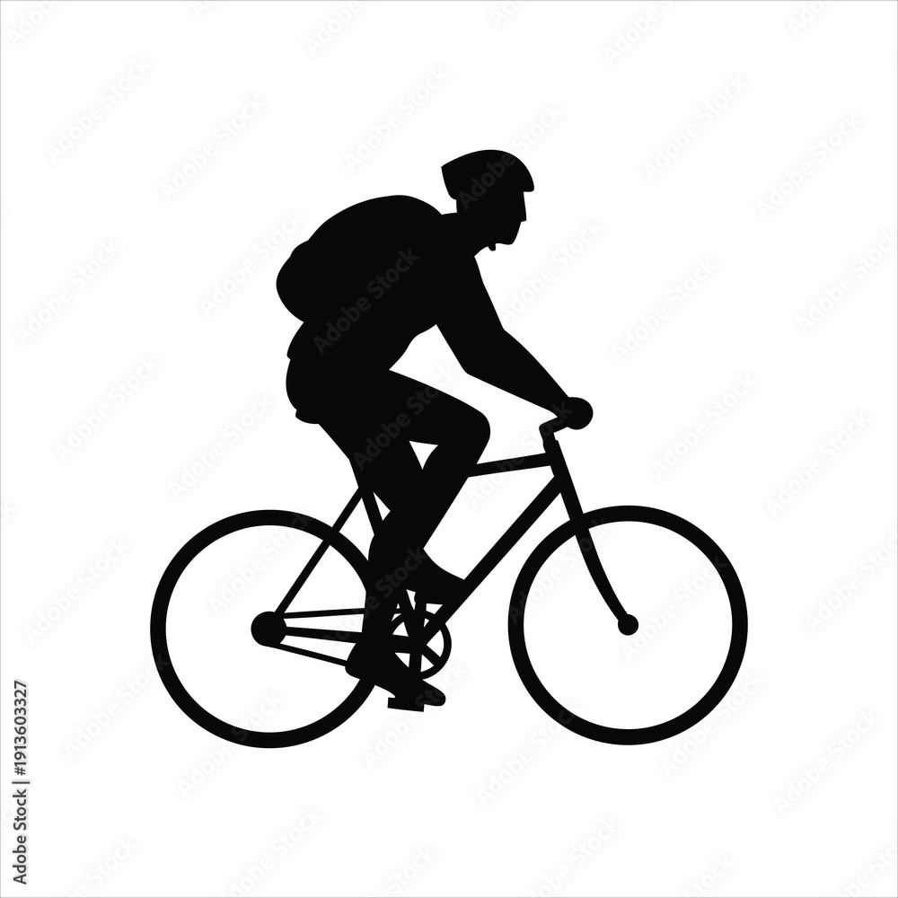 Fototapeta premium Silhouette of a cyclist wearing a helmet and backpack riding a bicycle with a white background