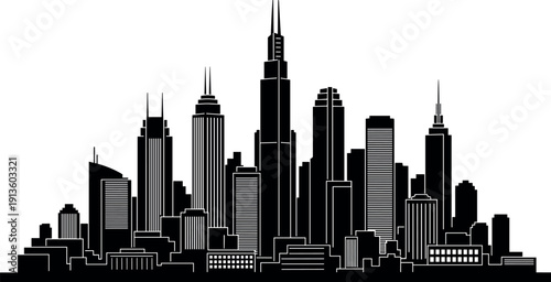 Modern city skyline silhouette with skyscrapers and urban towers, cad drawing flat vector illustration for business and real estate architecture