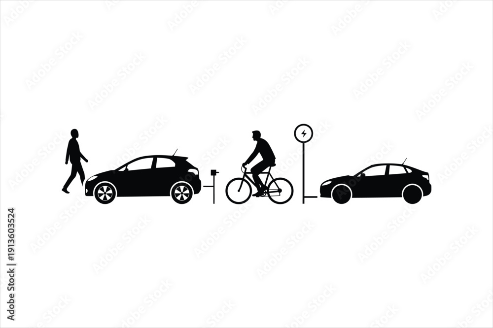 Fototapeta premium Illustration shows a pedestrian, cyclist, and two cars in a simplified urban or suburban setting.