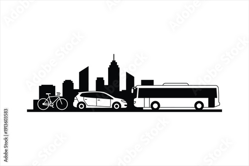 A stylized cityscape silhouette featuring a bicycle, car, and bus against a backdrop of skyscrapers.