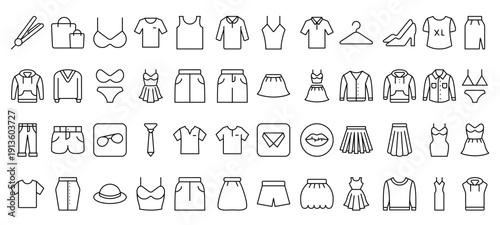 Set of line icons related to fashion, sewing, and clothing. Outline icon collection. clothes and cloth elements - minimal thin line web icon set. Outline editable icons collection. Dress,polo t-shirt