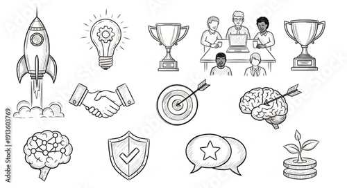 Business and Success Icons Collection Doodle Style.