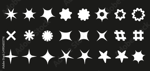  Set of trendy black and white Y2K stars and other symbols, vector design elements in retro 2000s aesthetic