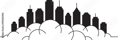 City skyline silhouette rising above stylized clouds for creative projects