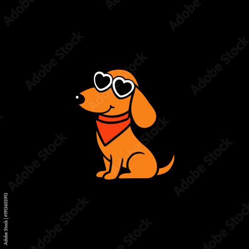 Vector illustration of a dachshund dog wearing heart shaped sunglasses and red bandana