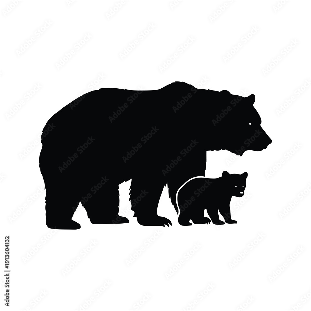 Fototapeta premium A silhouette of a mother bear and her cub walking together in a field